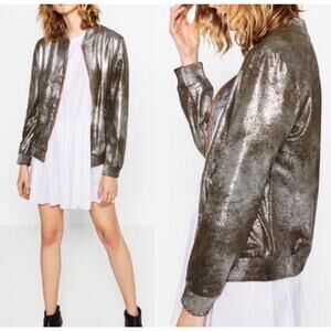 Zara Bomber Jacket Olive Green Silver Shiny Glitter Women’s Small Full Zip
